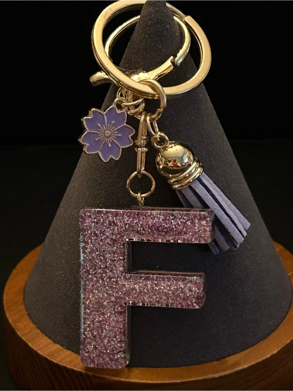 Gold-Tone Key & Card Holder w/Purple Glitter Choice of Initial Charm w/Tassel
